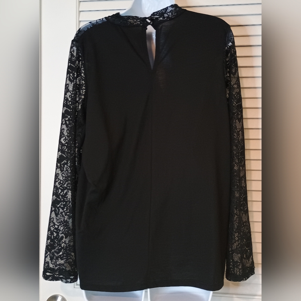 George Elegant Black Lace long Sleeve Women's Top with small collar Size 14 - Picture 3 of 8